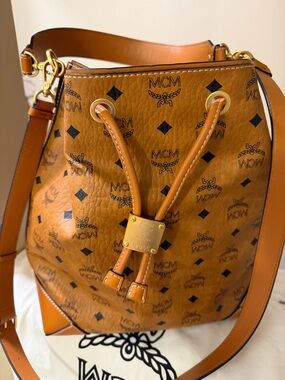 MCM Cognac Visetos Logo Drawstring Bucket Bag